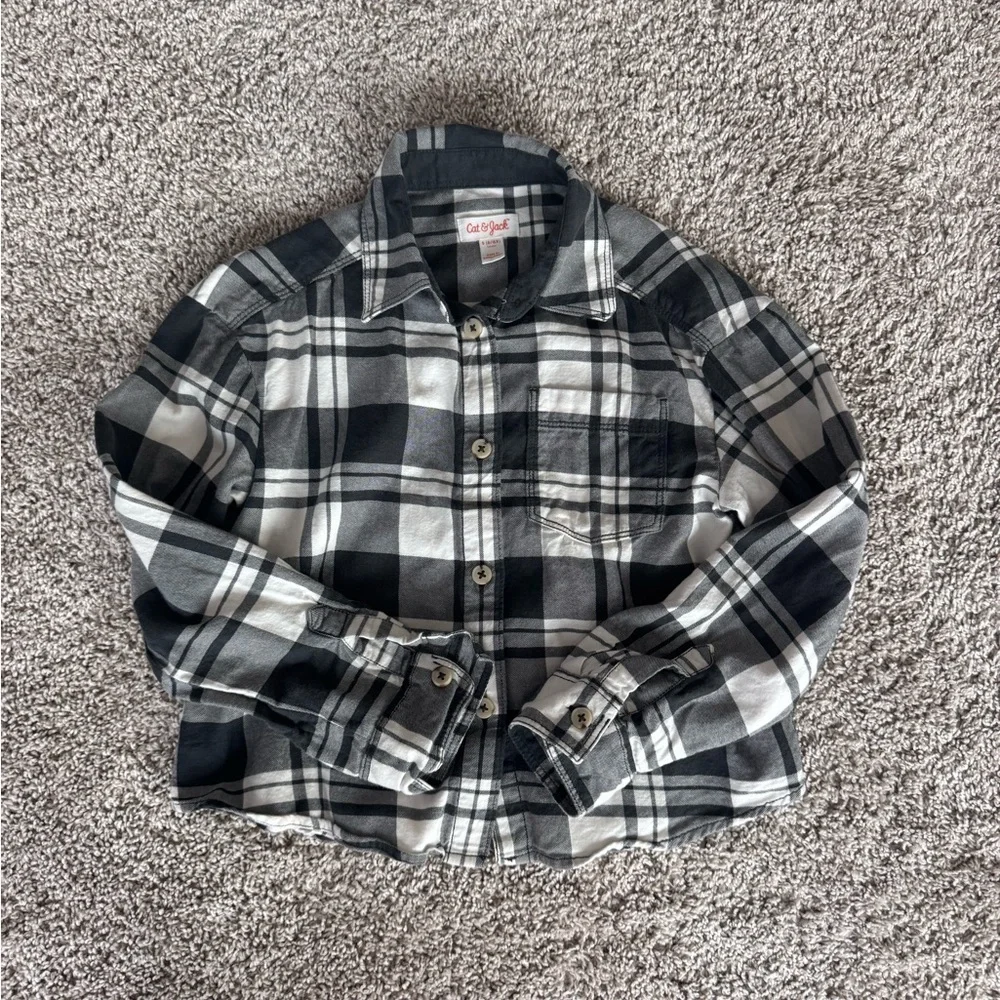 Cat & Jack Black & White Plaid Flannel Shirt Long Sleeve Button Size Small 6/6X
